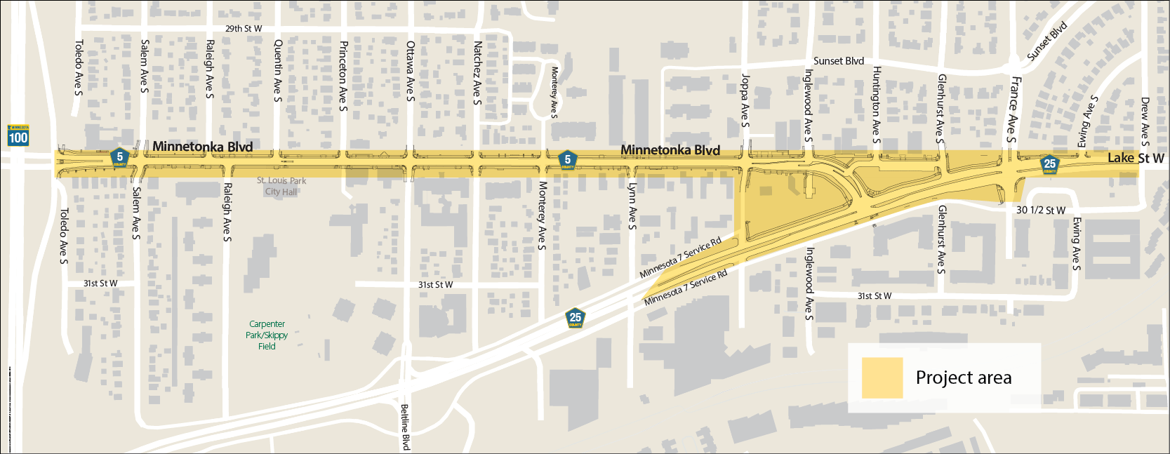 A project map of Minnetonka Boulevard (County Roads 5 and 25) between Highway 100 and Drew Avenue in Minneapolis