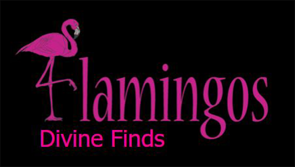 words flamingos divine finds with a drawing of a flamingo as the f