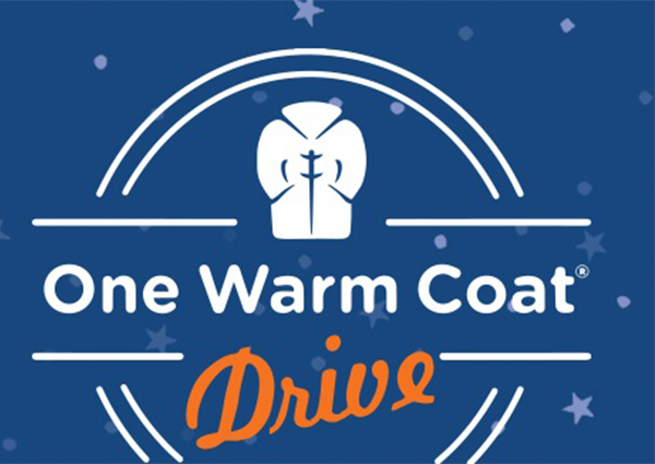 Drawing of a coat with a circle around the title One Warm Coat Drive and drive dates