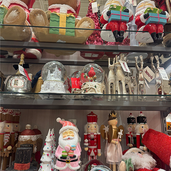 holiday decorations on a shelf in a store