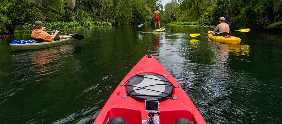 People kayakign a river together