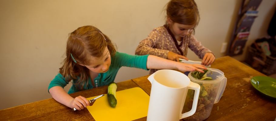 Two young girls cutting cucumbers