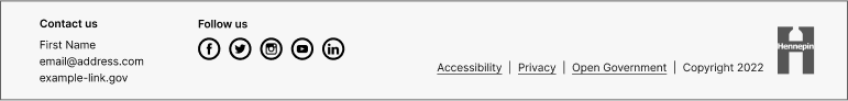 Example of the county's basic footer with social media links and sample address. Address is left aligned, social media links are centered. Links and logo are in a row that is right aligned. Link labels read Accessibility, Privacy, Open government, and Copyright, followed by the Hennepin H logo.