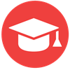 red circle with a white graduation hat icon