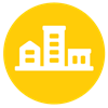 yellow circle with three white building icons