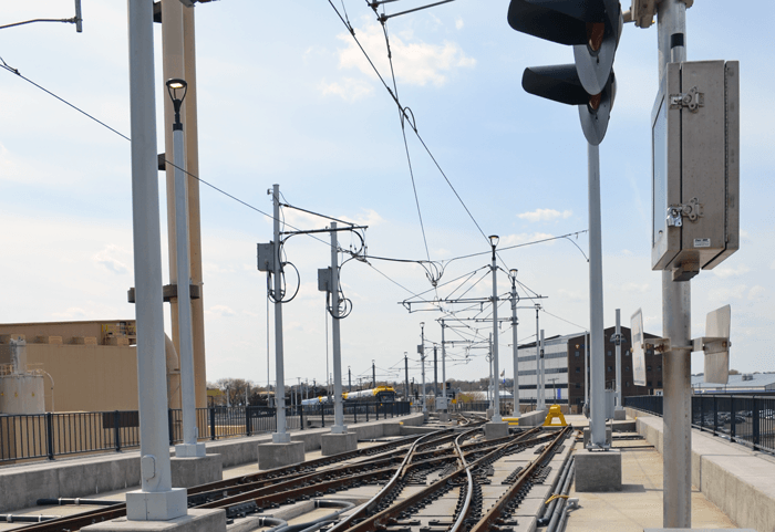 A photo of the overhead wires used by the train.